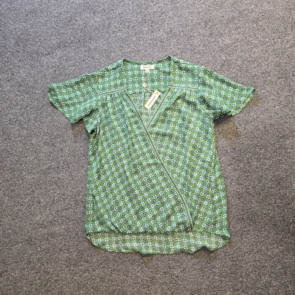 Max Studio Top Womens Size Small Green Mosaic Short Sleeve Faux Wrap Casual